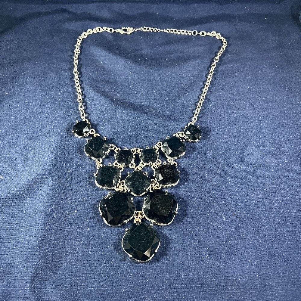 Black Faceted Statement Necklace With Silver Tone Chain & Adjustable Lobster Cla